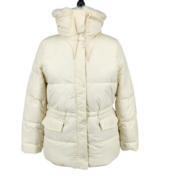 Talbots Puffer Jacket Removable Faux Fur Collar Quilted Zip Cream Size Large 12 - Picture 2 of 11